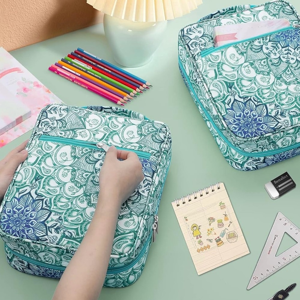 Finpac Book Cover Carrying Case Zippered Mandala Floral Teal Organizer Handle